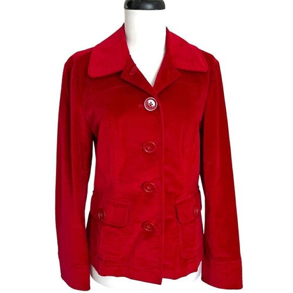 Talbots Red Velvet Button Up Jacket 6 Stretch Preppy Retro Minimalist Chore - Picture 1 of 10